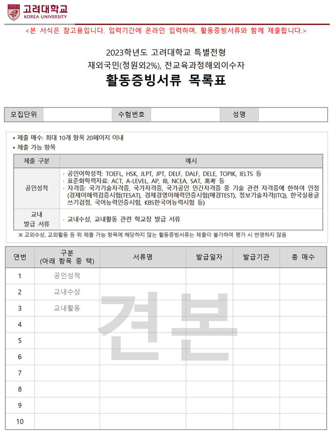 고려대 전교육 해외 이수자 활동증빙서류 목록표(자료출처: 고려대 입학처)